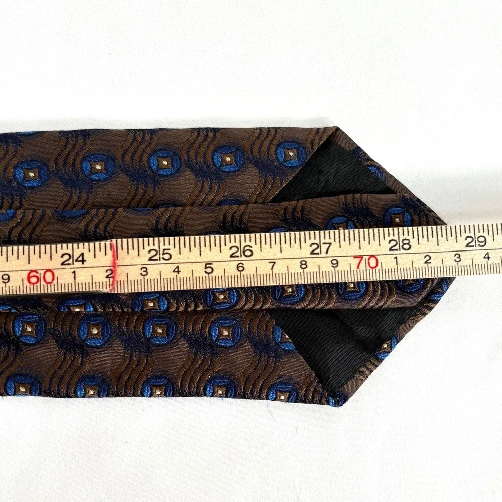Benjamin James Silk Tie Brown Blue Geometric Medallion‎ Made in England